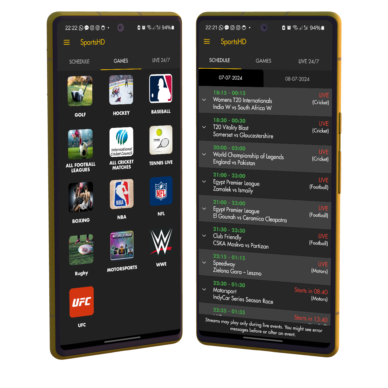 All sports games in SportsHD App